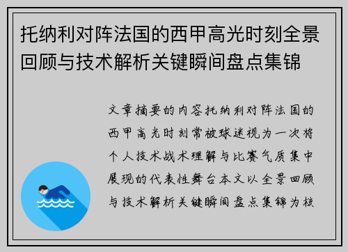 托纳利对阵法国的西甲高光时刻全景回顾与技术解析关键瞬间盘点集锦
